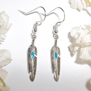Silver & Turquoise Blue Feather Earrings Set 5374